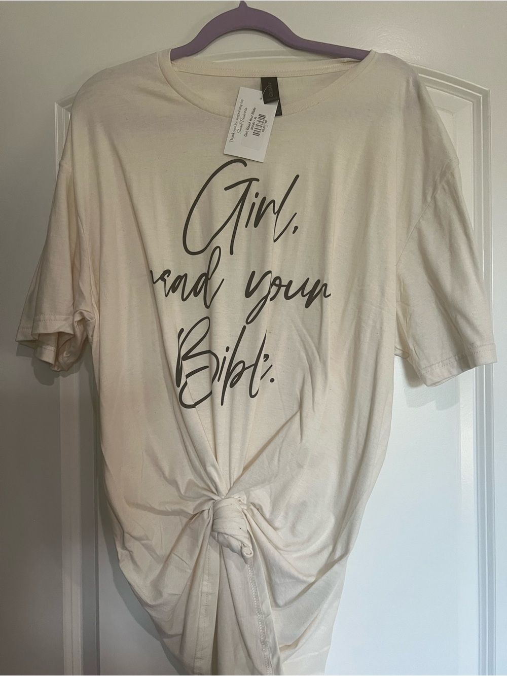 Gildan Cream Knot-Front Tee with Black Script